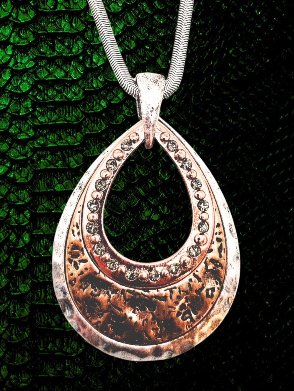 Chico's Two Tone Teardrop Pendant Necklace Silver Snake Chain Crystal